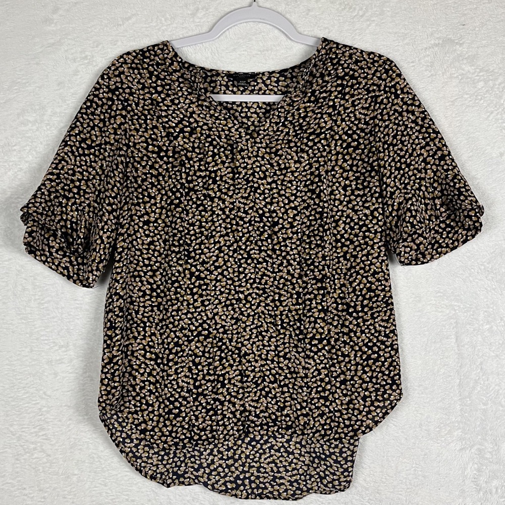 Ann Taylor Petite XSP Pebble Print Flutter Sleeve Blouse Pleated Split Neck Top